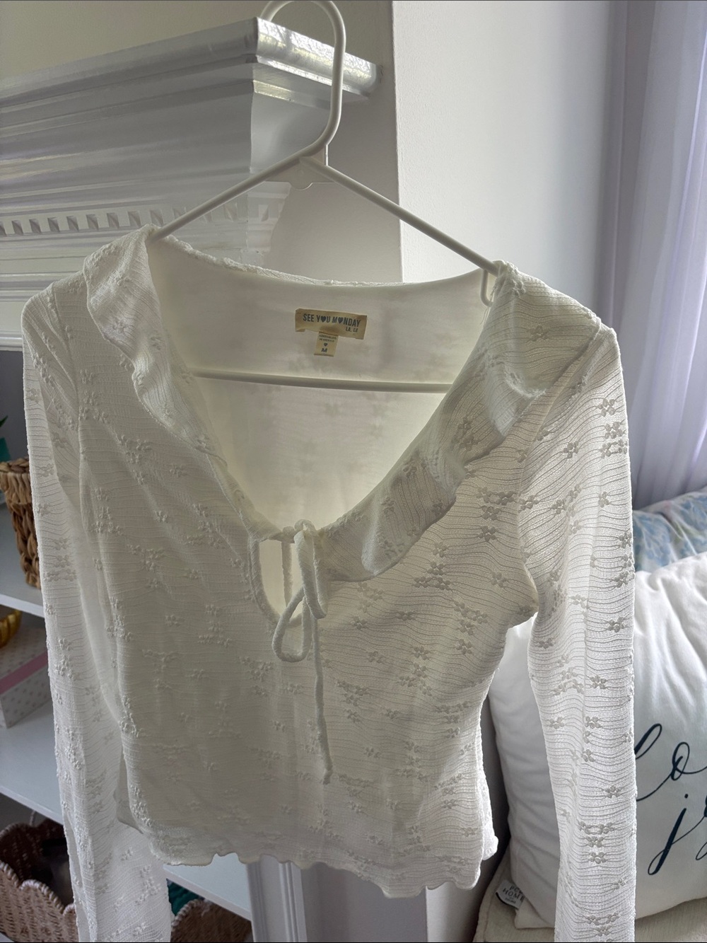See You Monday Cream Lace-Trim Tie-Front Long Sleeve Top